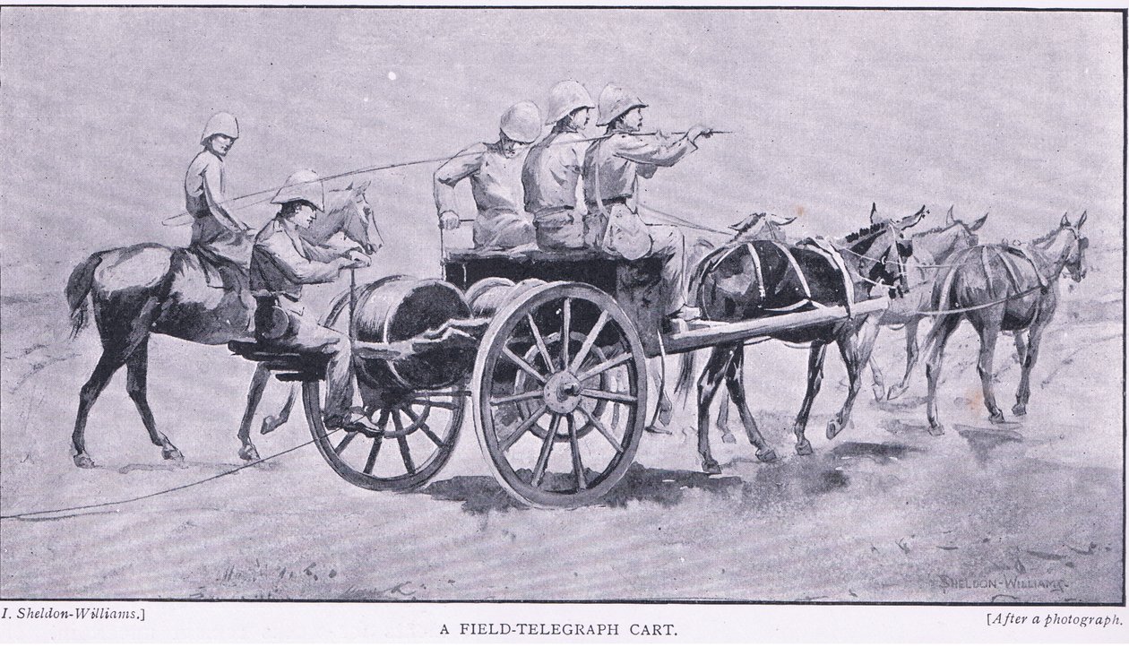 Polní telegrafní vozík, z knihy After Pretoria: The Guerilla War vydané Harmsworth Bros Limited, 1901. od Henry Inglis Jodrel Sheldon Williams