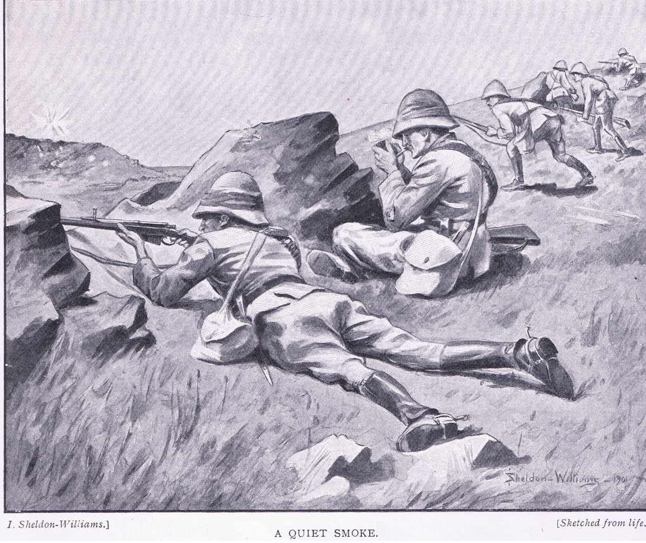 Tichý kouř, z After Pretoria: The Guerilla War vydané Harmsworth Bros Limited od Henry Inglis Jodrel Sheldon Williams