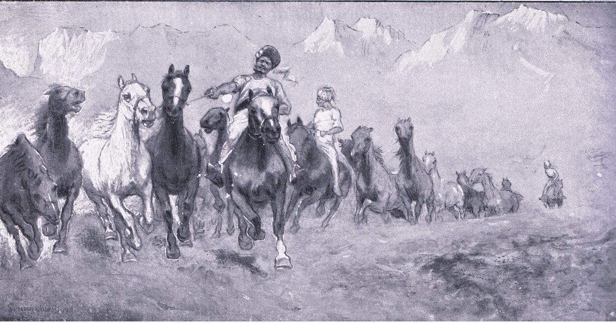 Indičtí kuli berou remounty na Stellens bosch, z After Pretoria: The Guerilla War vydané Harmsworth Bros Limited, 1901 od Henry Inglis Jodrel Sheldon Williams
