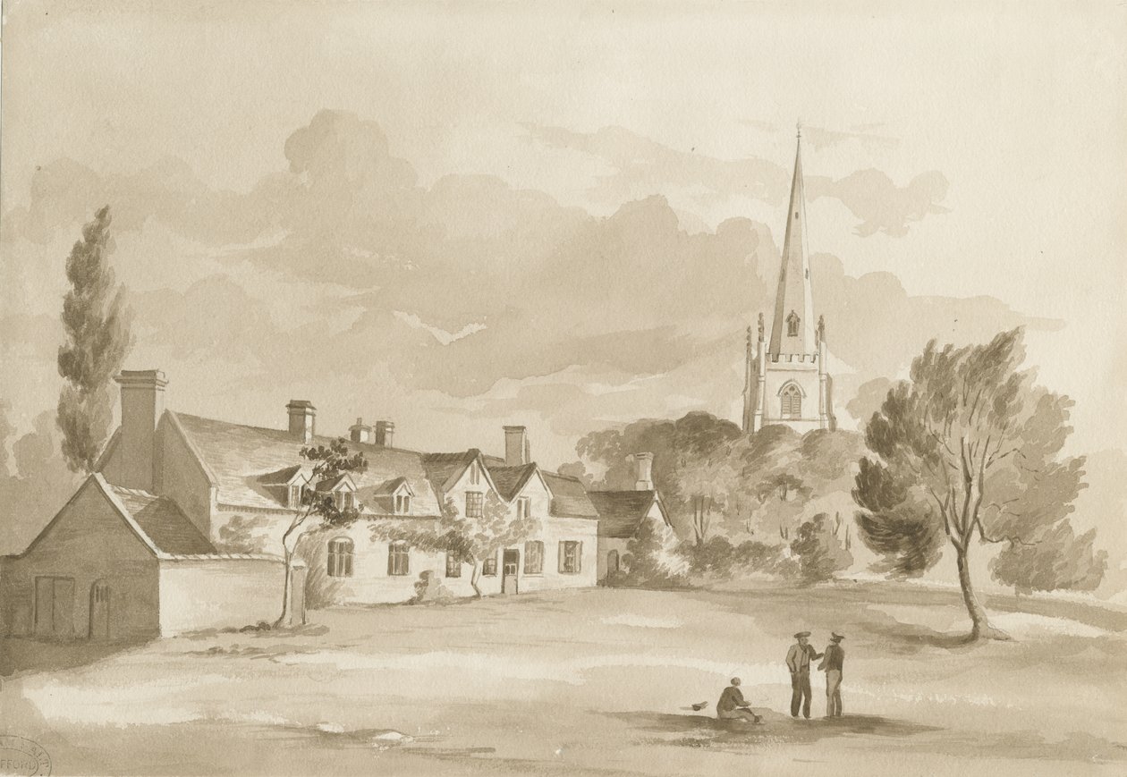 Brewood Church: sépiová kresba, 1844 od Henry James Noyes
