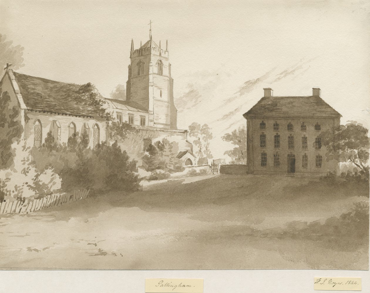 Pattingham Church and Vicarage House: sépiová kresba, 1844 od Henry James Noyes