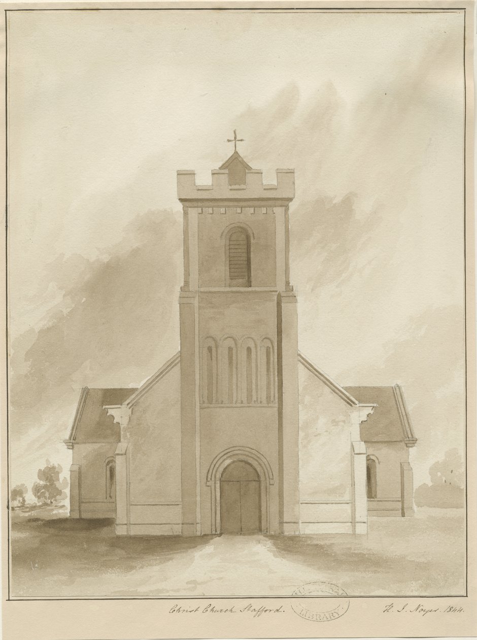 Stafford - Christ Church: sépiová lavírovaná kresba, 1844 od Henry James Noyes