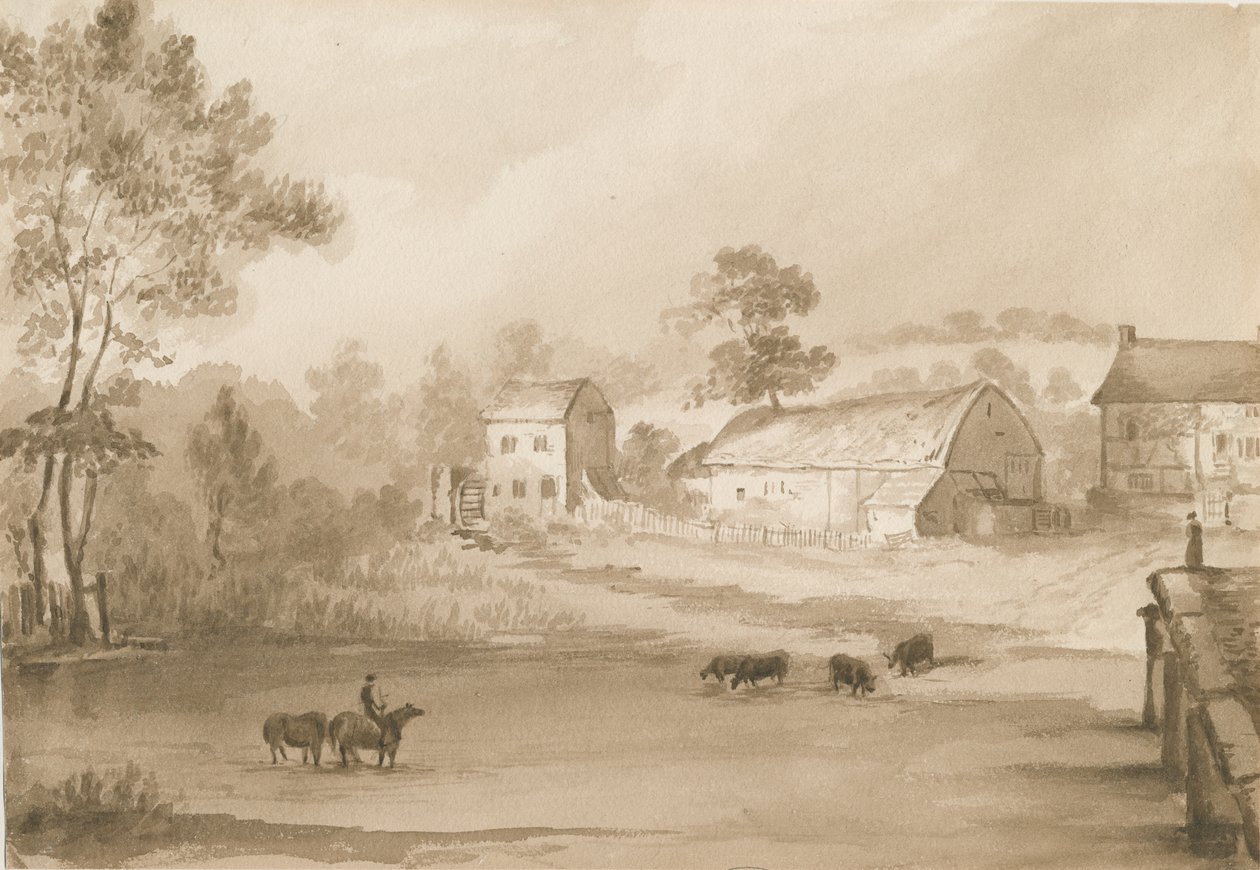 Trysull Mill: sépiová lavírovaná kresba od Henry James Noyes