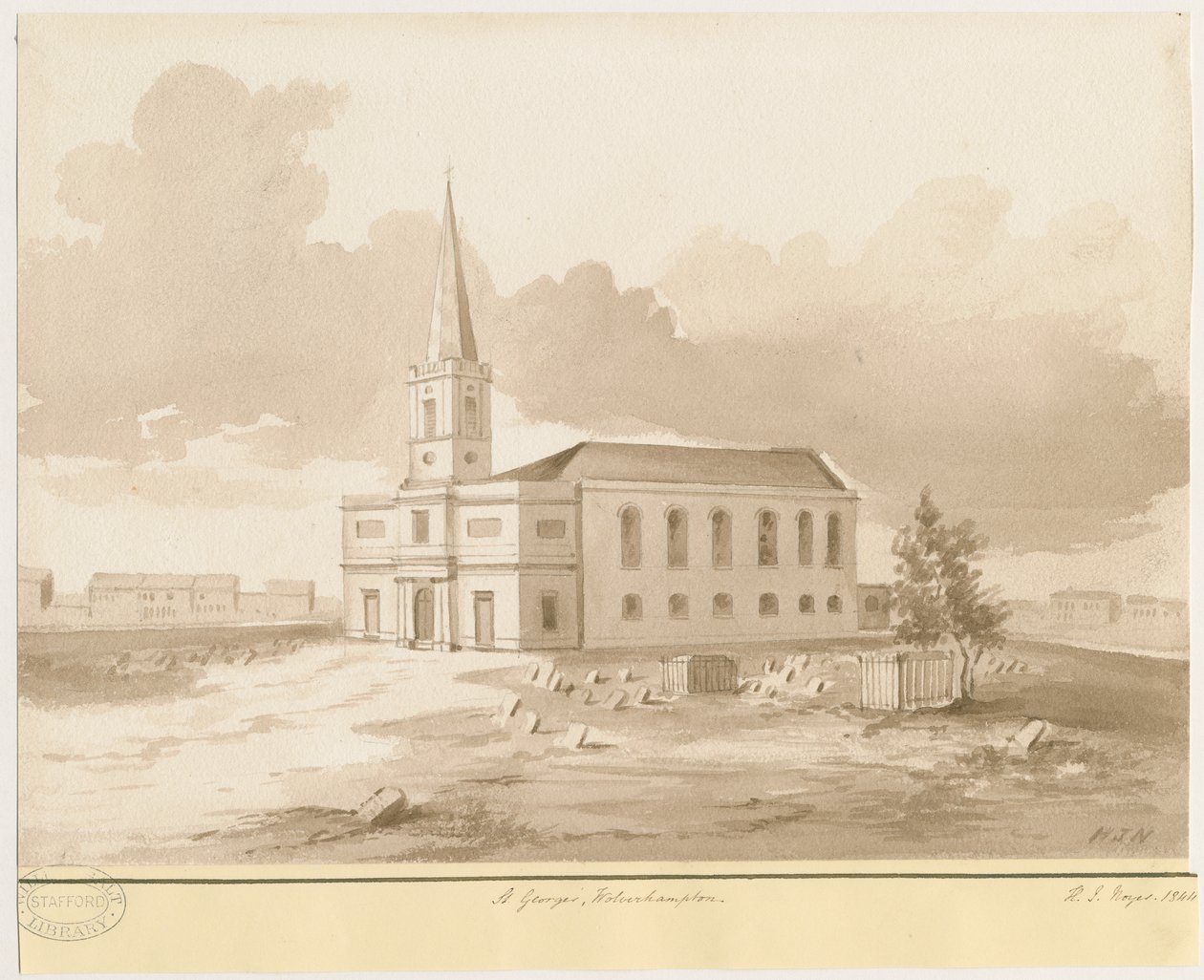 Wolverhampton - Kostel sv. Jiří: sépiová kresba, 1844 od Henry James Noyes