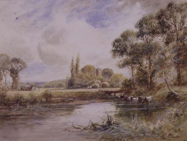 Krajina s loukami a pitím dobytka (akvarel na papíře) od Henry John Kinnaird