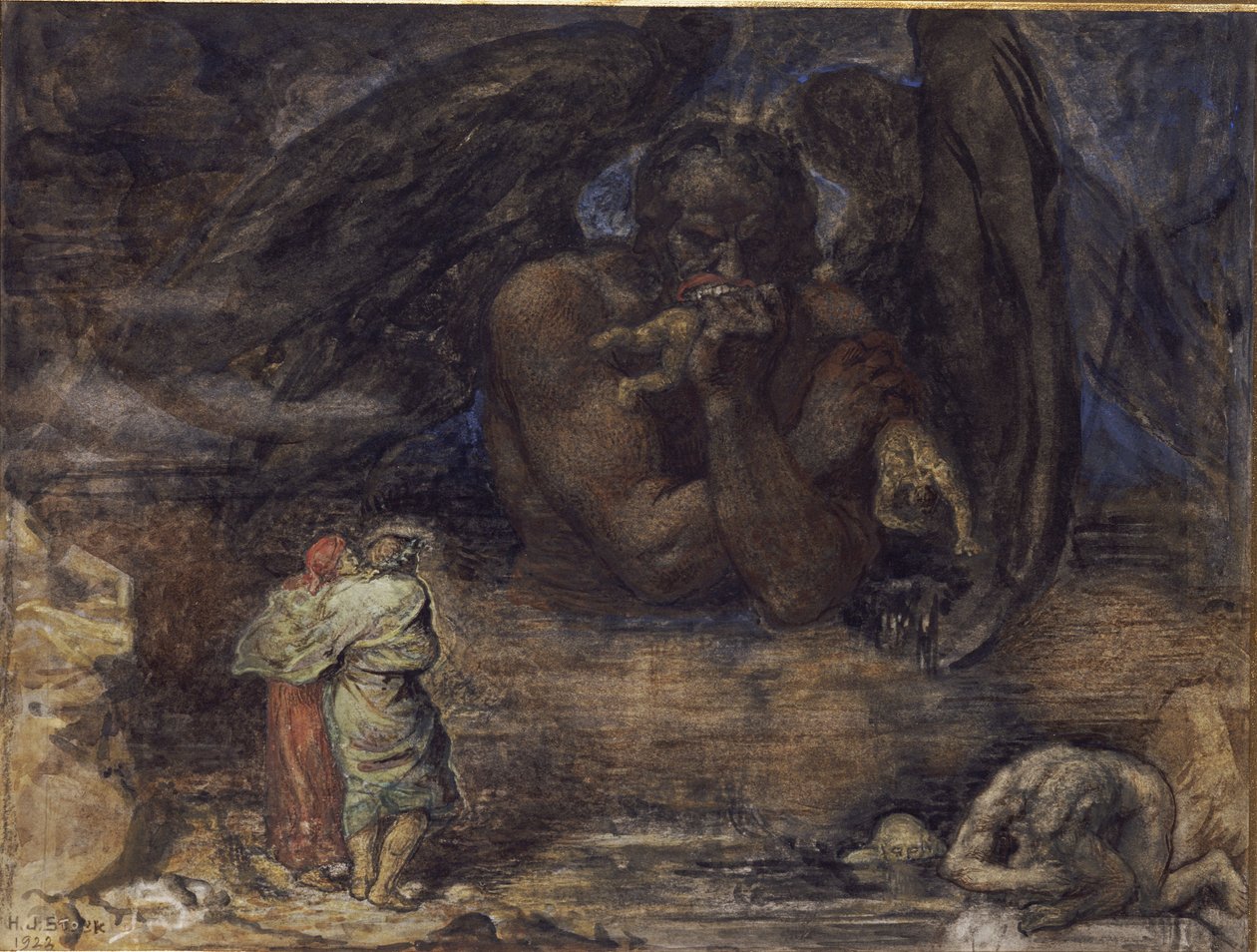 Dante a Virgil se setkávají s Luciferem v pekle od Henry John Stock