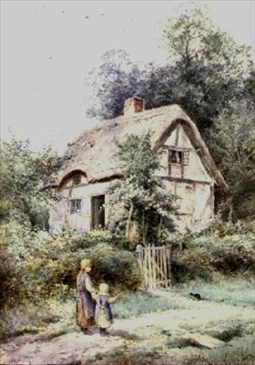 Dvě dívky a kotě u doškové chaloupky od Henry John Sylvester Stannard