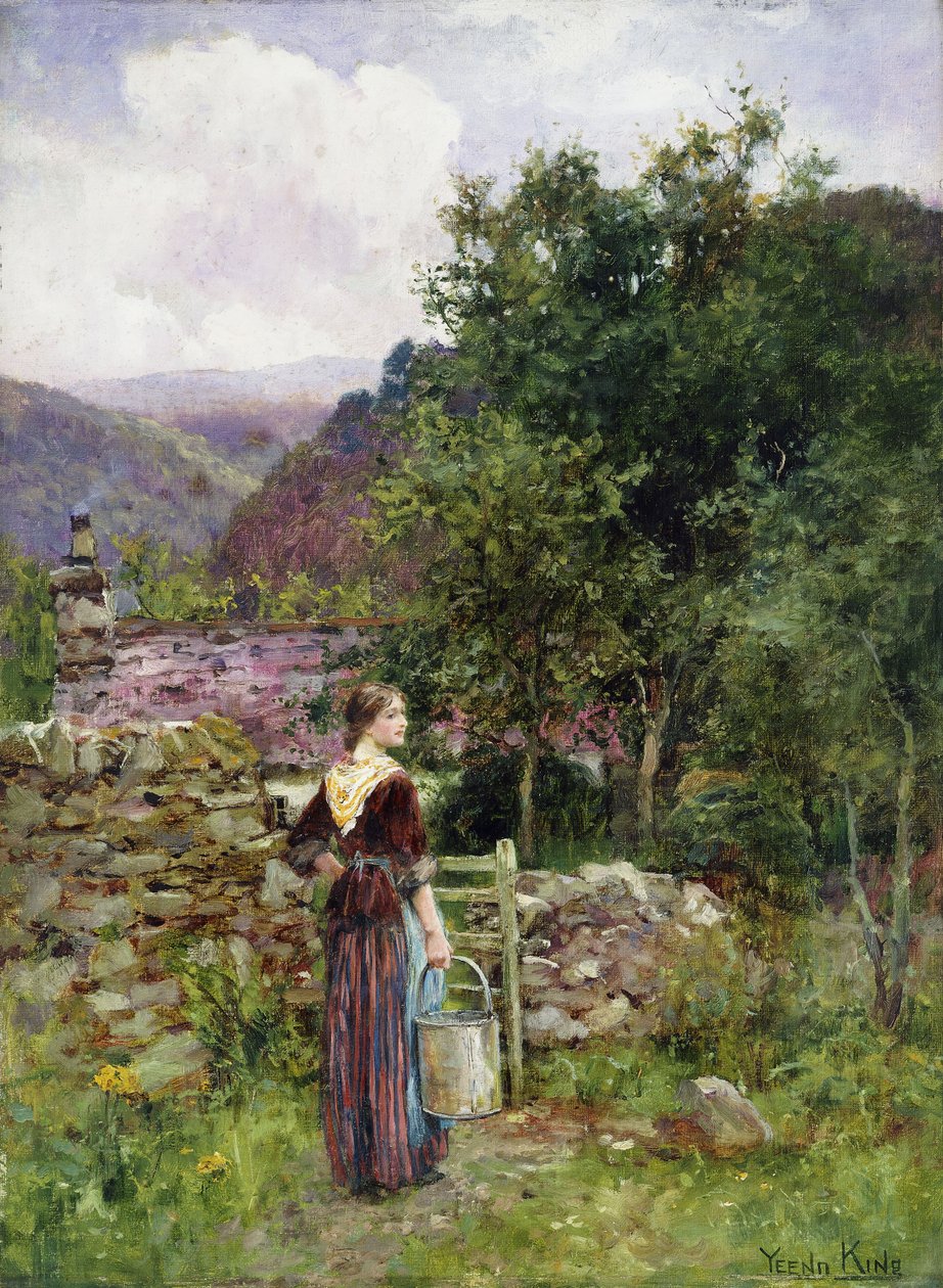 Mladá dívka stojící před chalupou a držící vědro, od Henry John Yeend King