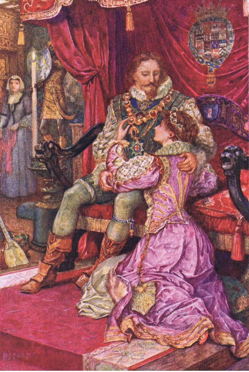 Amy si prohlíží řády hraběte z Leicesteru, ilustrace zKenilworthu, asi 1910 od Henry Justice Ford