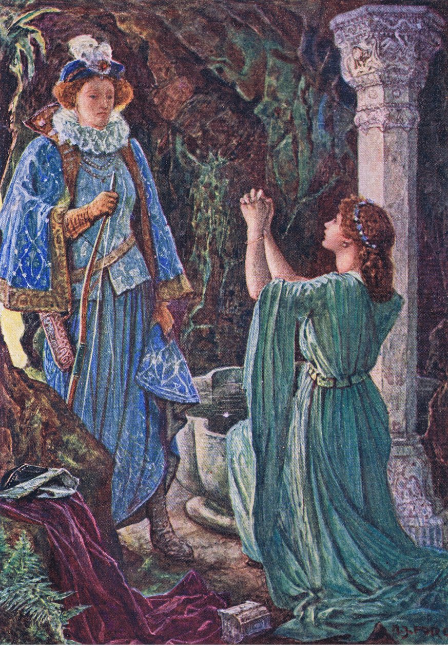 Elizabeth a Amy se setkávají v jeskyni, ilustrace z Kenilworth, kolem roku 1910 od Henry Justice Ford