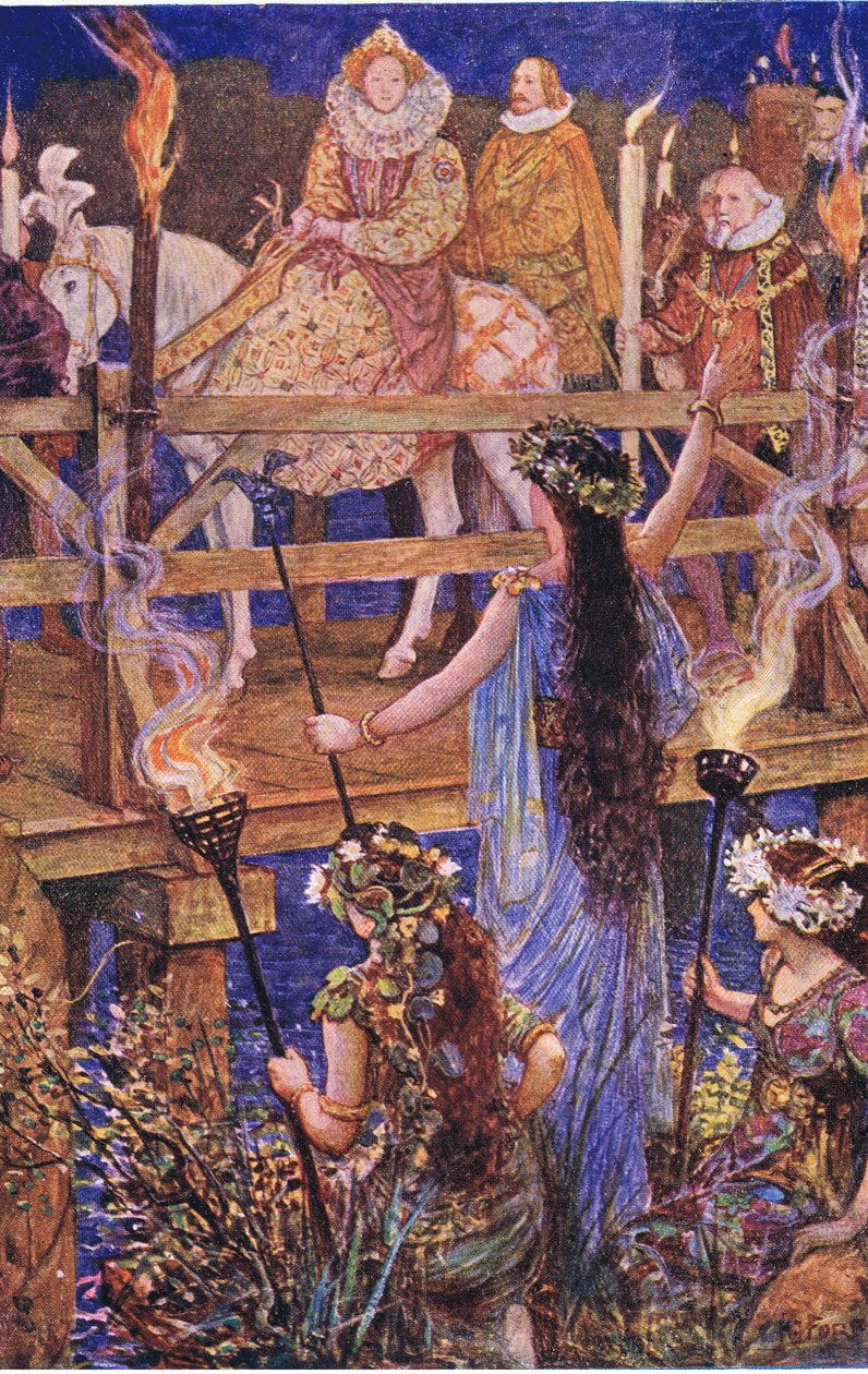 Alžbětu vítá dáma plovoucího ostrova, ilustrace z Kenilworth, kolem roku 1910 od Henry Justice Ford