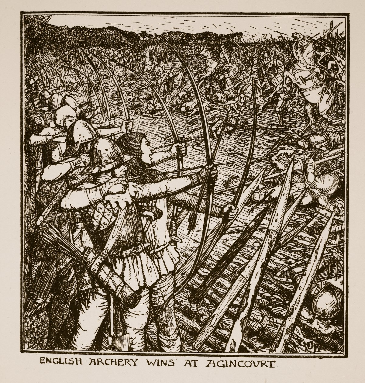 Anglická lukostřelba vítězí v Agincourt, ilustrace z 