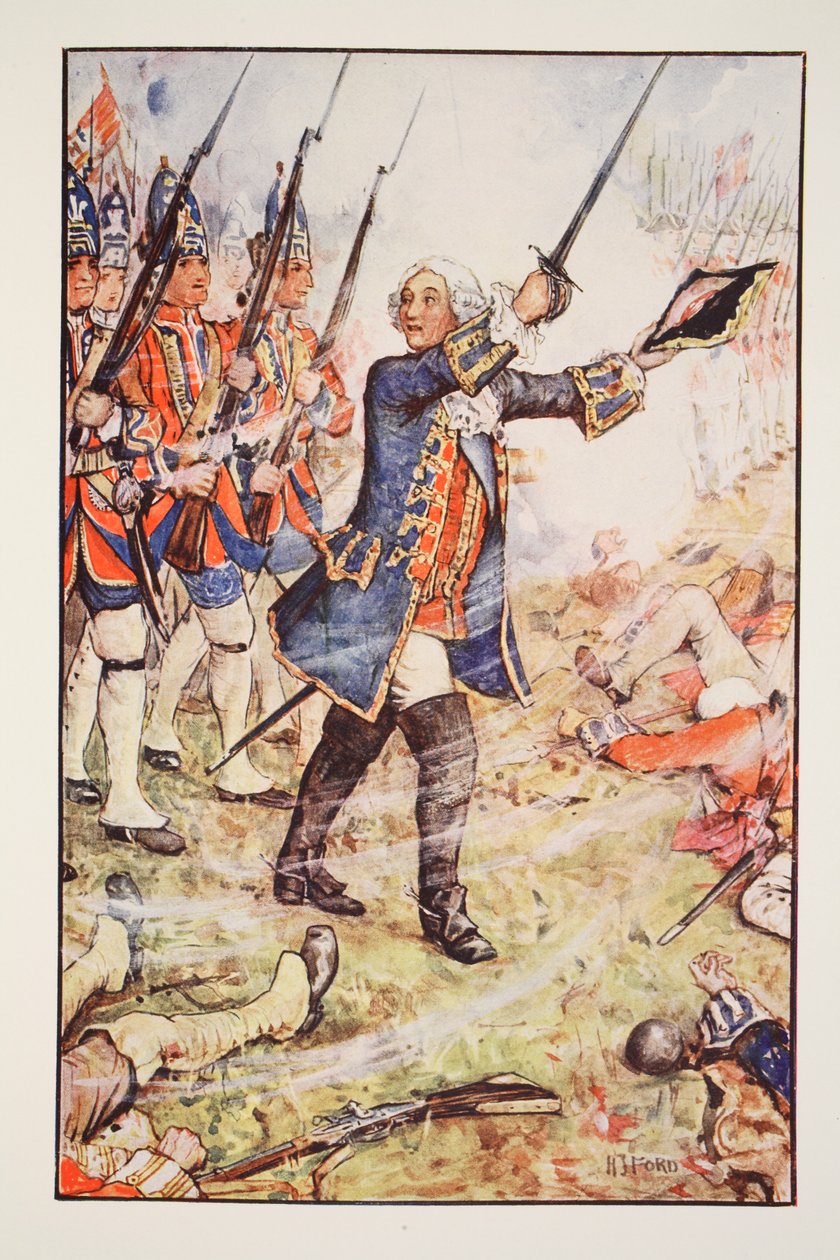 George II v Dettingenu, 1743, ilustrace z „Dějiny Anglie“ od C.R.L. Fletcher a Rudyard Kipling, 1911 od Henry Justice Ford