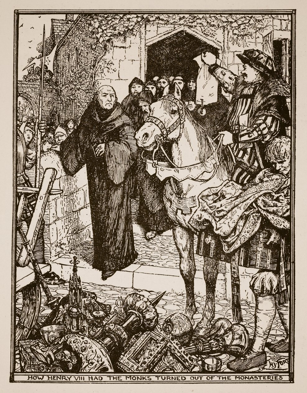 Jak Jindřich VIII. nechal mnichy vypudit z klášterů, ilustrace z „Historie Anglie“ od C.R.L. Fletcher a Rudyard Kipling, 1911 od Henry Justice Ford