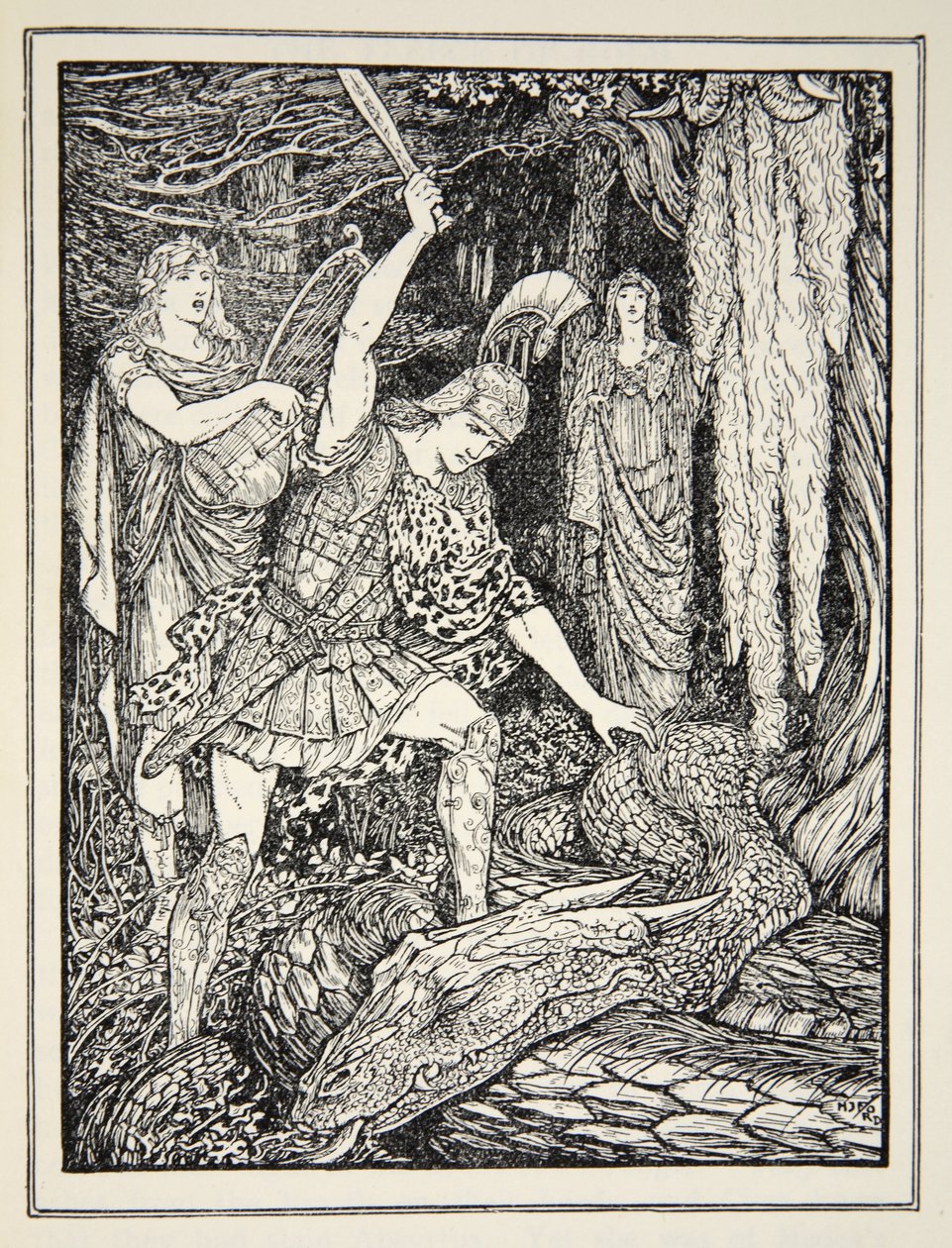 Jak byl zabit had, který střežil zlaté rouno, z „Příběhů řeckých moří“ od Andrewa Langa, 1926 (inkoust na papíře) od Henry Justice Ford