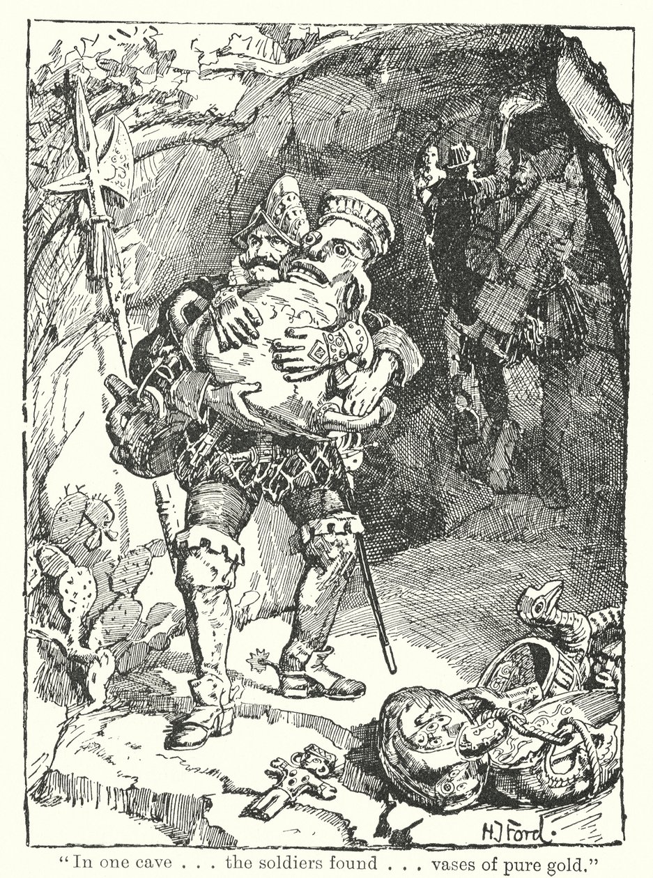 "V jedné jeskyni. Vojáci našli. Vázy z ryzího zlata" (litografie) od Henry Justice Ford