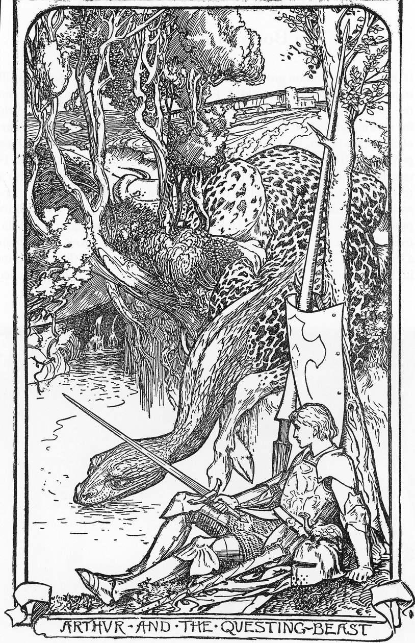 Král Artuš a pátrající bestie Ilustrace HJ Forda (1860-1940) z „Knihy romantiky“ 1902 Soukromá sbírka od Henry Justice Ford