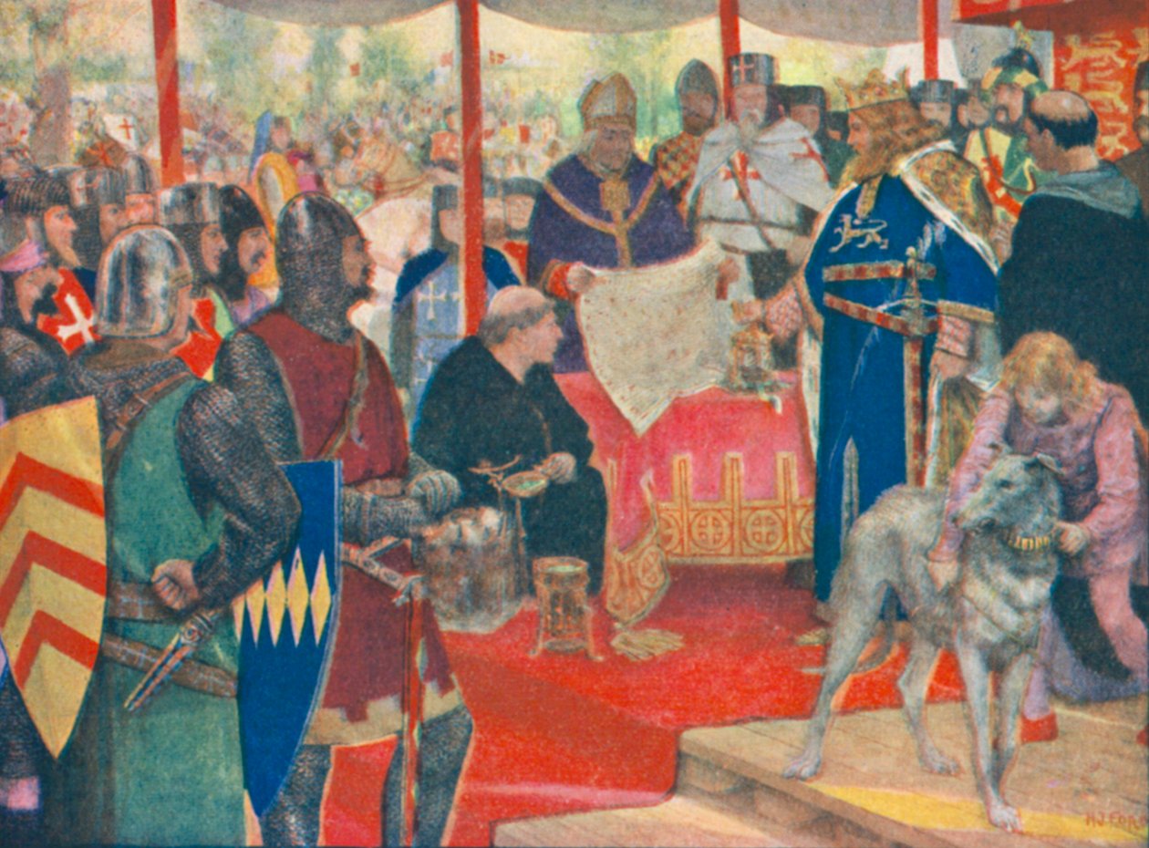 Král Jan pečetí Velkou listinu (barevná litografie) od Henry Justice Ford