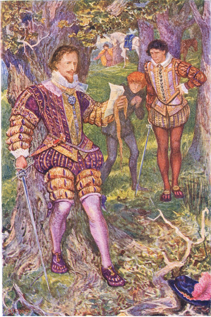 Leicester čte Amyin dopis, ilustrace z Kenilworthu, kolem roku 1910 od Henry Justice Ford