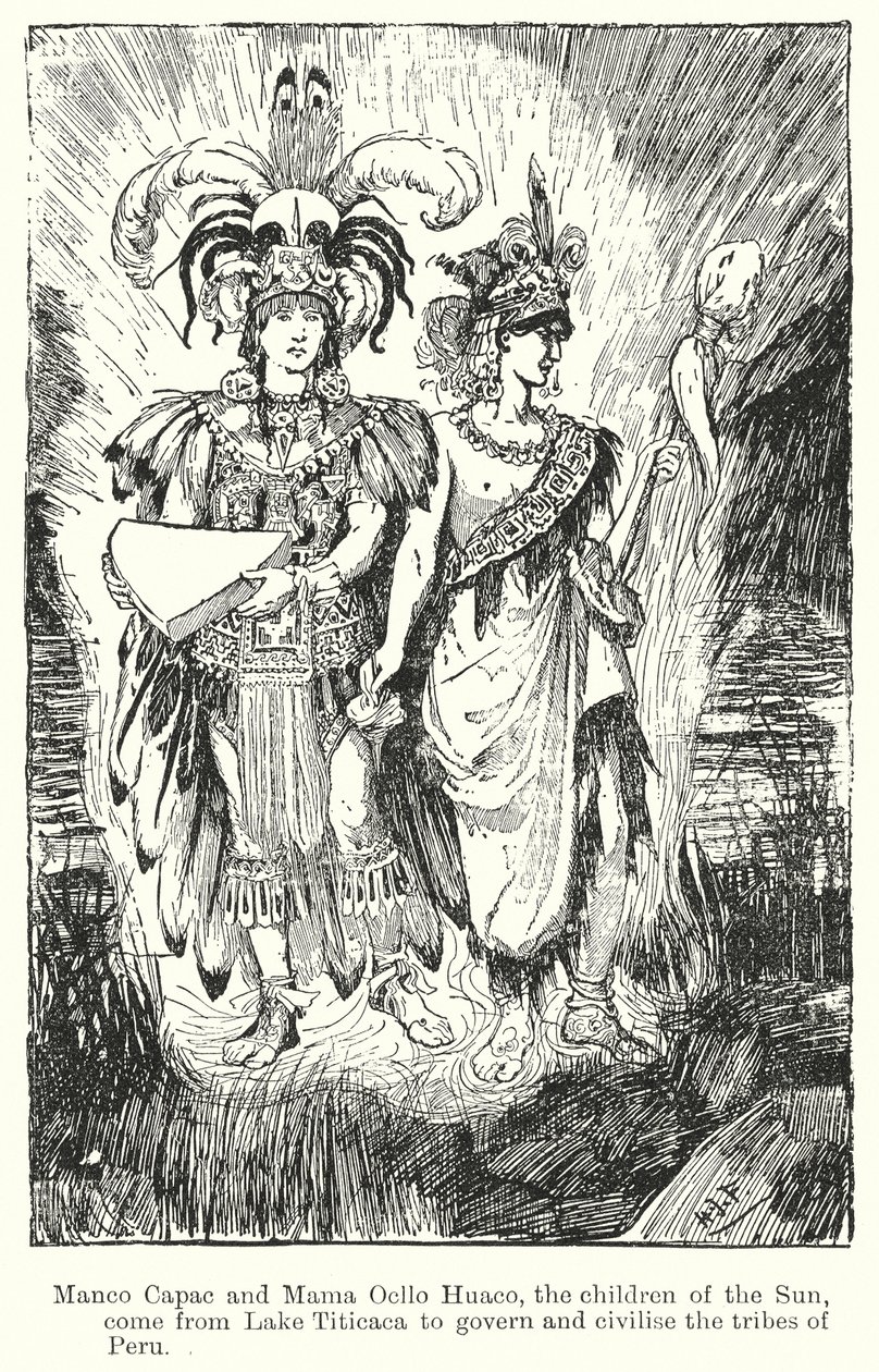 Manco Capac a Mama Ocllo Huaco, děti Slunce, přicházejí od jezera Titicaca, aby vládli a civilizovali kmeny... (litografie) od Henry Justice Ford