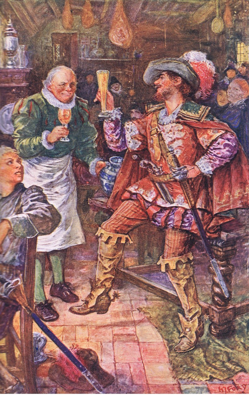 Michael Lambourne pije s hostinským z Černého medvěda, ilustrace zKenilworthu, asi 1910 od Henry Justice Ford