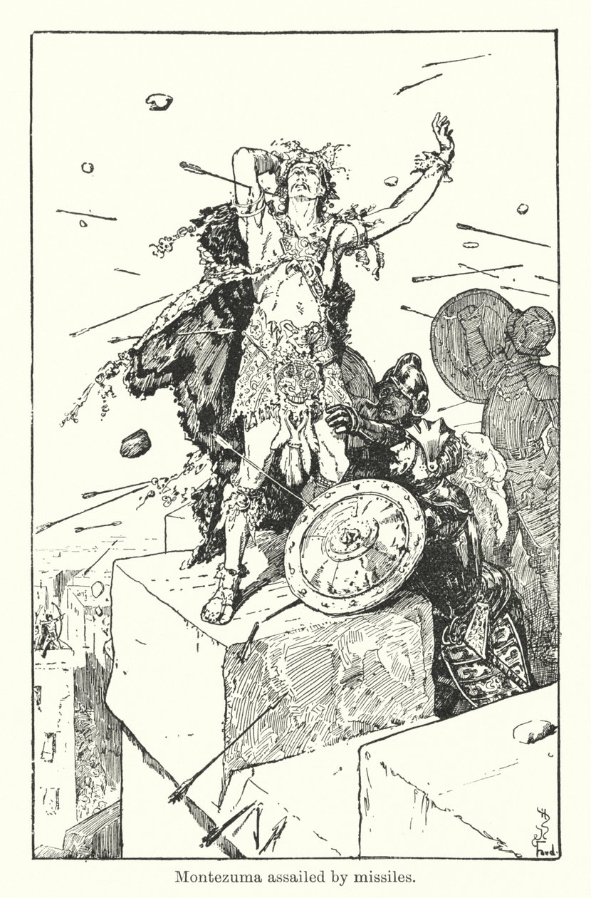 Montezuma napaden střelami (rytina) od Henry Justice Ford