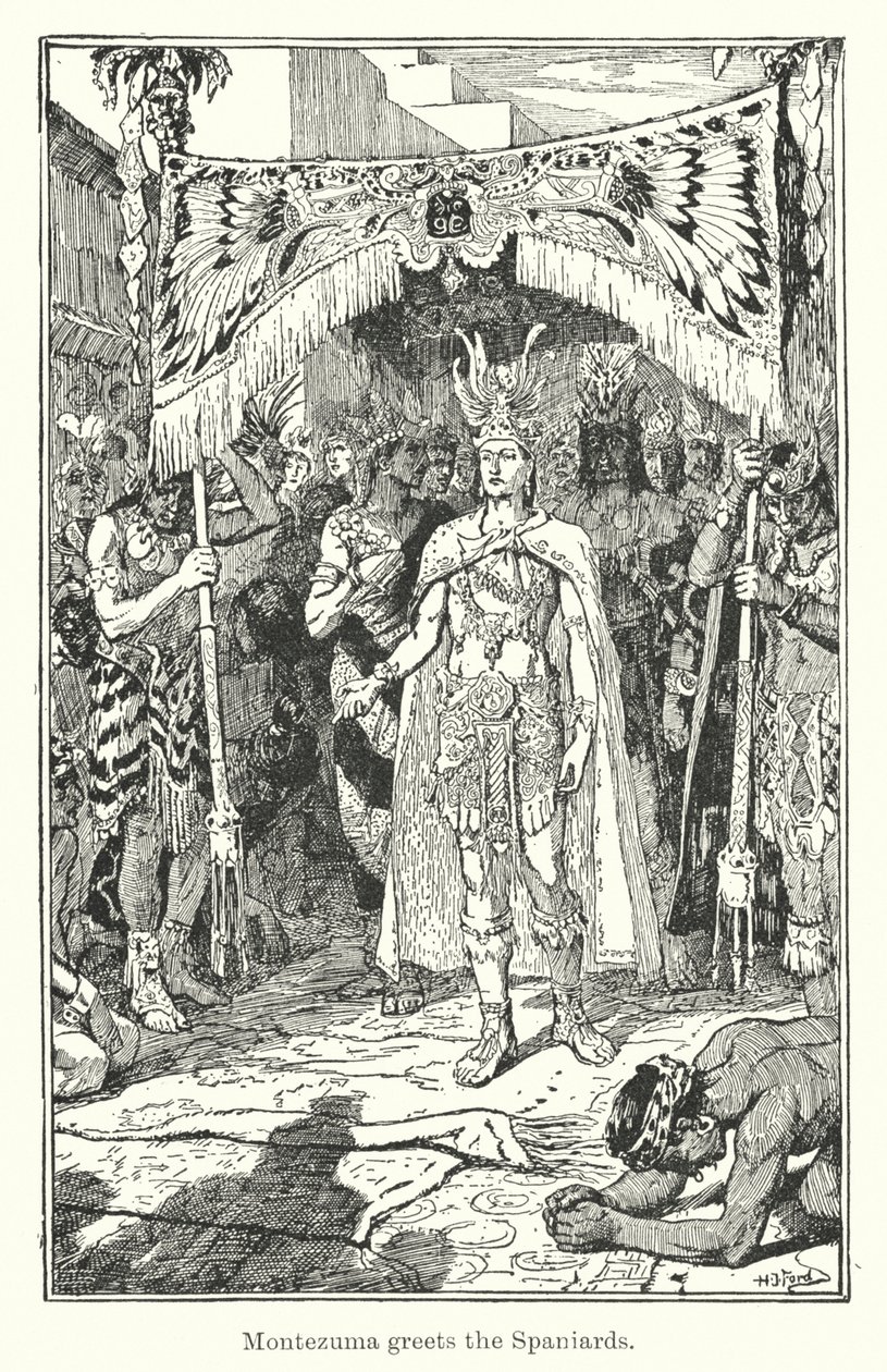 Montezuma vítá Španěly (rytina) od Henry Justice Ford
