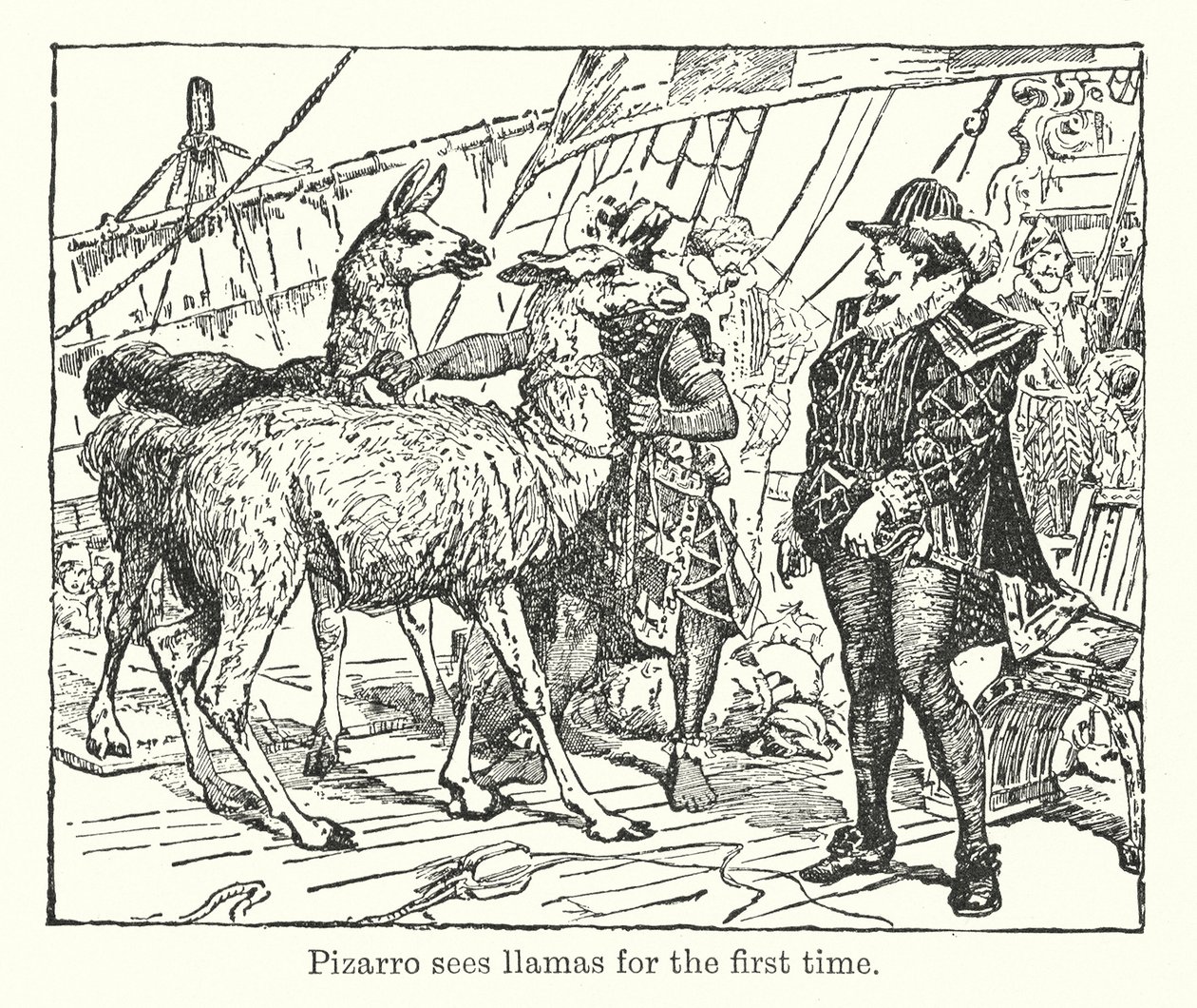 Pizarro poprvé vidí lamy (litografie) od Henry Justice Ford