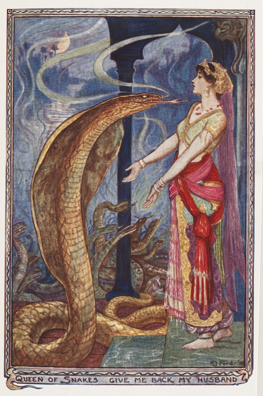 Královno hadů, vrať mi mého manžela, ilustrace z knihy The Olive Fairy Book od Andrewa Lainga, 1907 od Henry Justice Ford