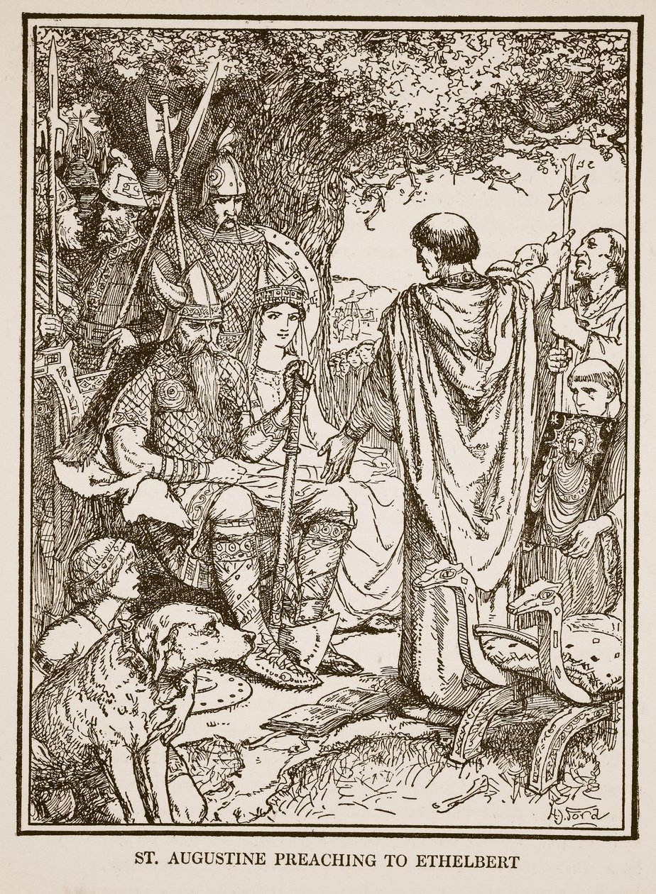 Svatý Augustin káže Ethelbertovi, ilustrace z „Historie Anglie“ od C.R.L. Fletcher a Rudyard Kipling od Henry Justice Ford