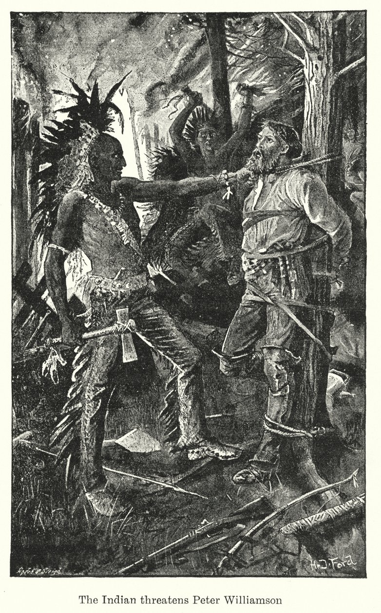 Indián vyhrožuje Peter Williamson (litografie) od Henry Justice Ford