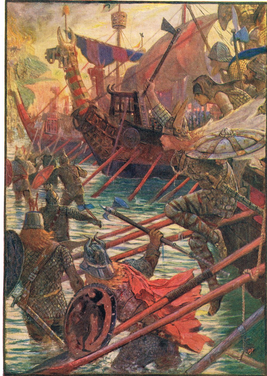 Vylodění Dánů, ilustrace z „Dějiny Anglie“ od Rudyarda Kiplinga, 1911 od Henry Justice Ford