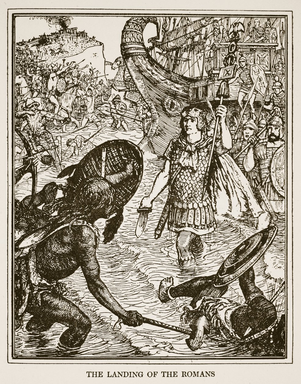 Vylodění Římanů, ilustrace z knihy "A History of England" od C.R.L. Fletchera a Rudyarda Kiplinga, 1911 od Henry Justice Ford