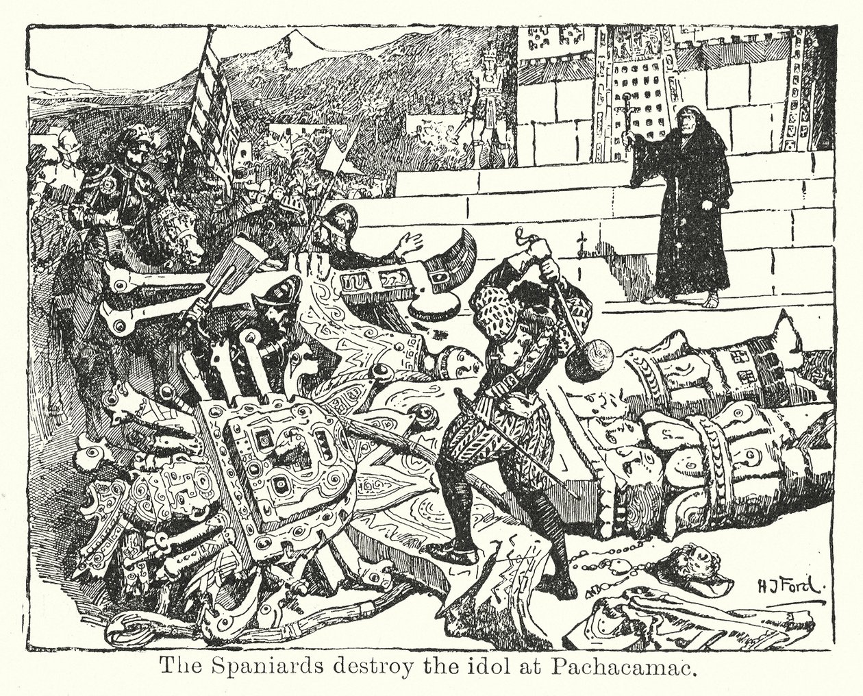 Španělé zničí modlu v Pachacamacu (litho) od Henry Justice Ford