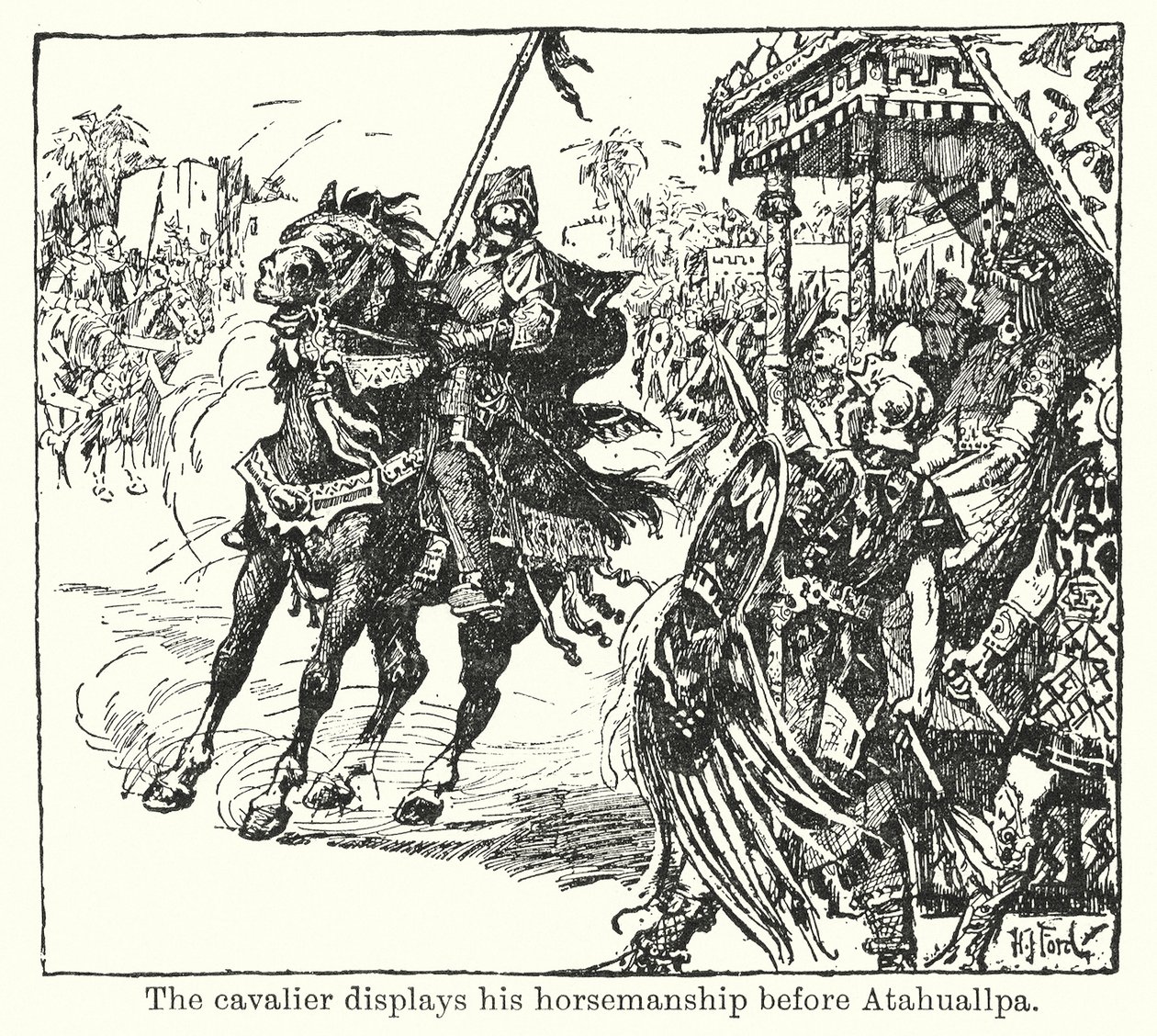 Kavalír předvádí své jezdecké umění před Atahuallpou (litografie) od Henry Justice Ford