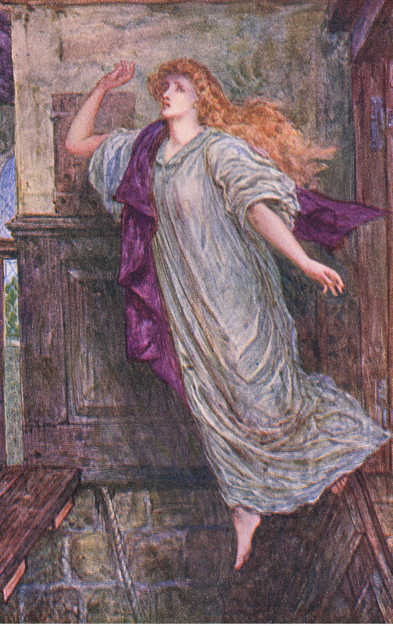 Smrt Amy Robsortové, hraběnky z Leicesteru, ilustrace z „Kenilworth“, kolem roku 1910 (barevné lito) od Henry Justice Ford