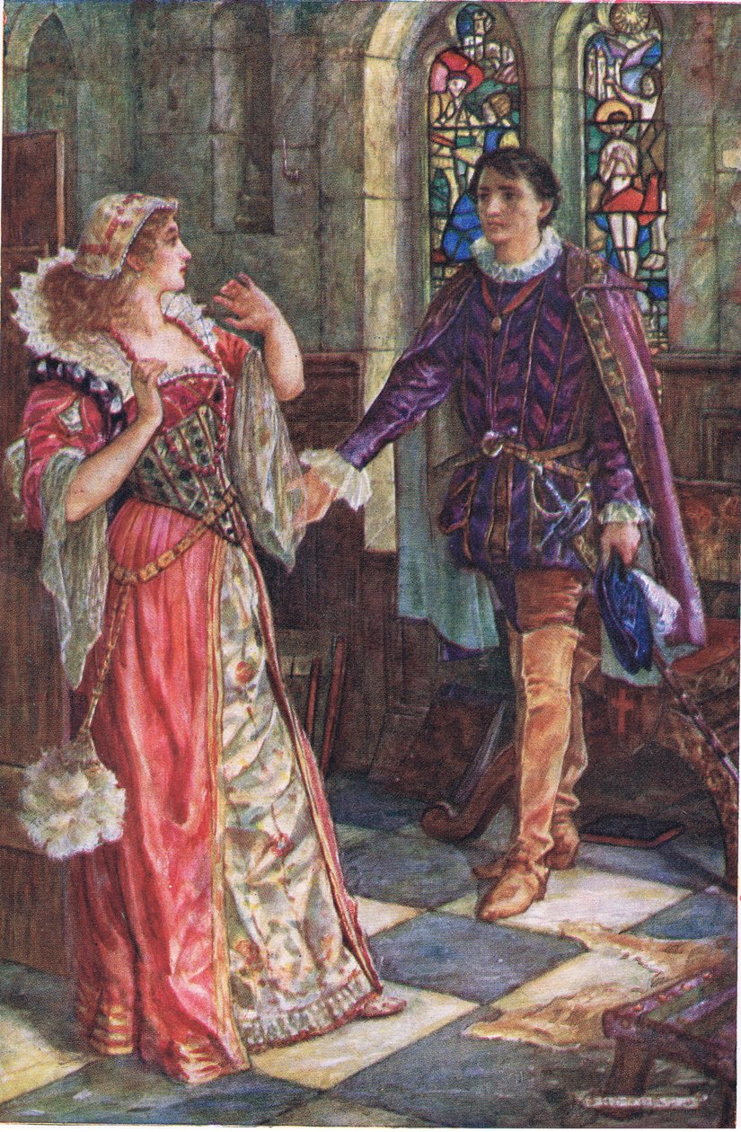 Setkání Amy a Tresilian v Cumnor Place, ilustrace z „Kenilworth“, kolem roku 1910 (barevné lito) od Henry Justice Ford