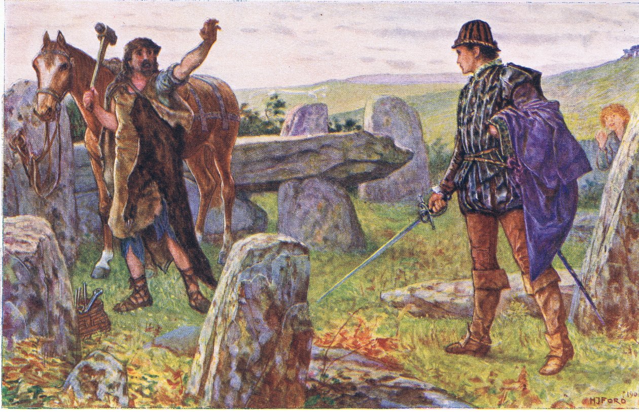 Tresilian čelí tajemnému kováři, ilustrace zKenilworthu, asi 1910 od Henry Justice Ford