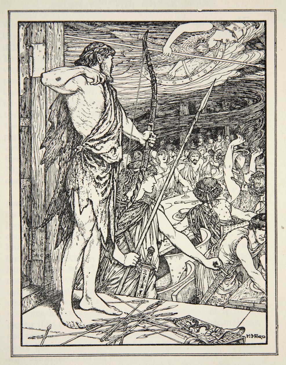 Ulysses střílí první šíp na Wooers, z „Tales of the Greek Seas“ od Andrew Langa od Henry Justice Ford