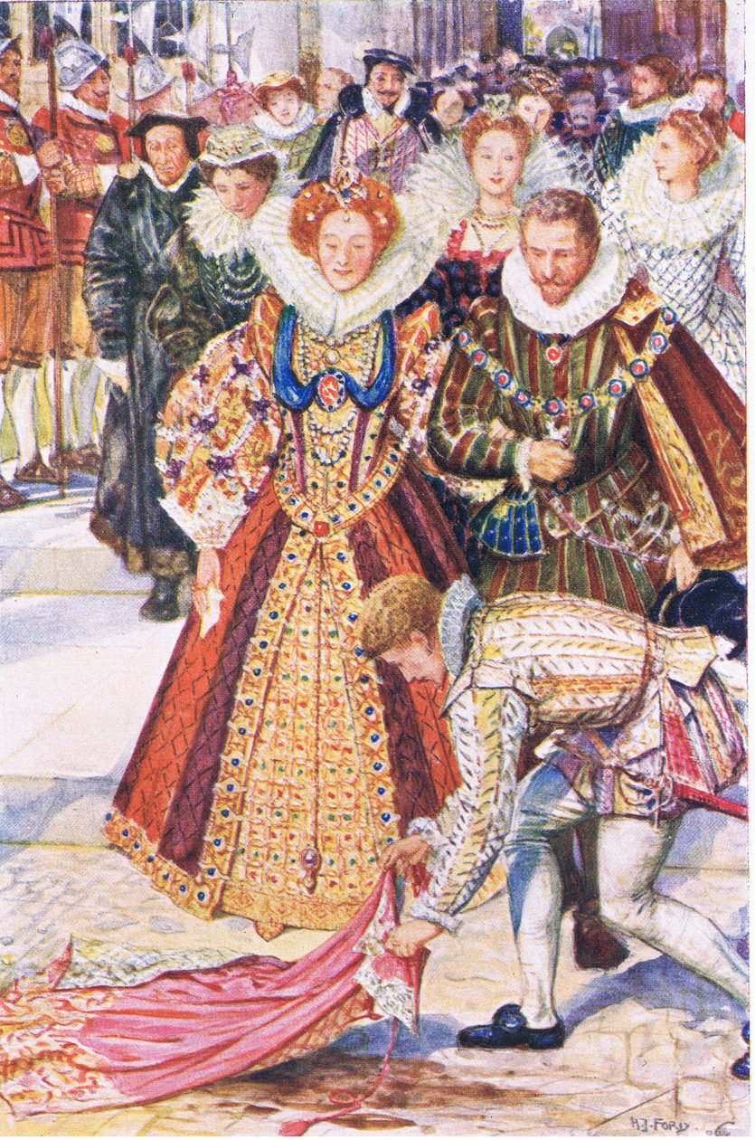 Walter Raleigh obětuje svůj plášť pro královnu Alžbětu, ilustrace z Kenilworth, kolem roku 1910 od Henry Justice Ford