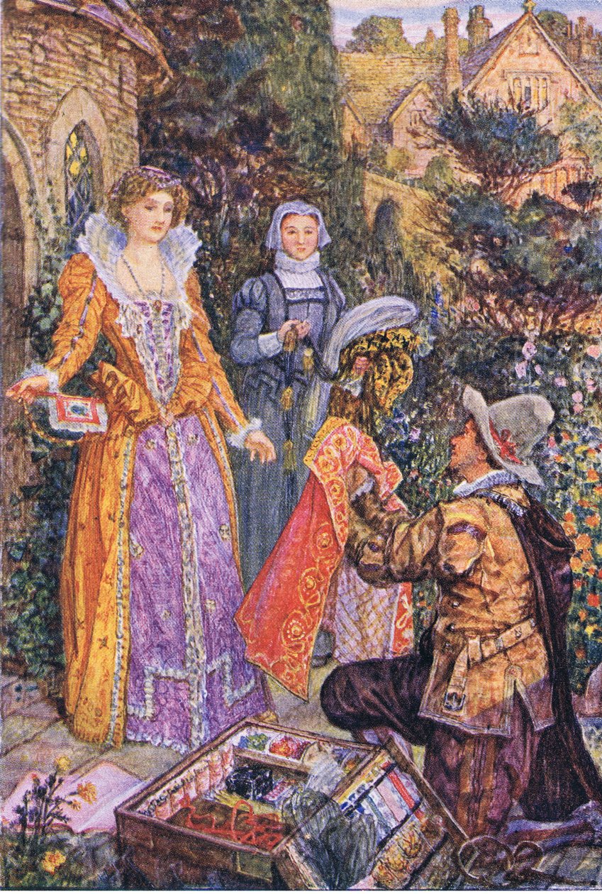 Wayland hraje roli podomního obchodníka v zahradě, ilustrace zKenilworthu, asi 1910 od Henry Justice Ford