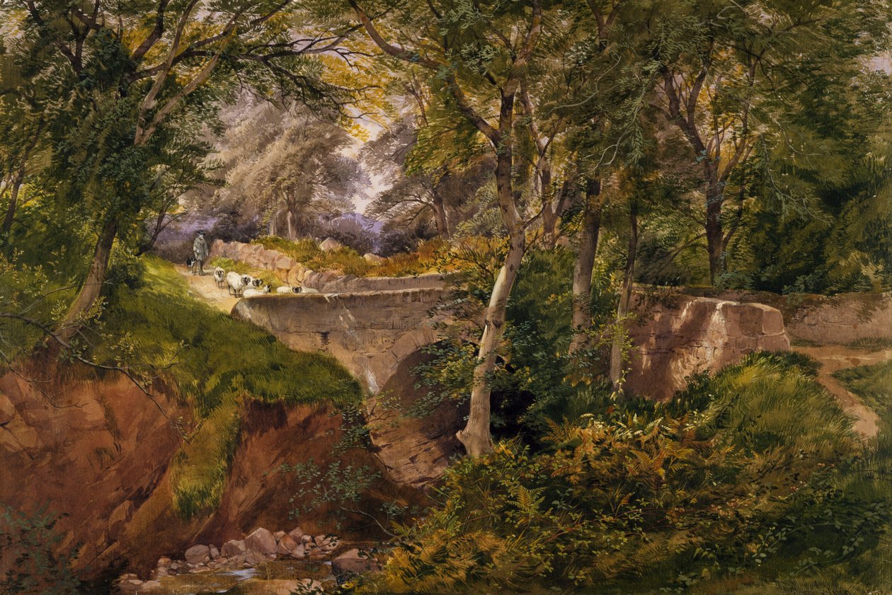 Zalesněná krajina s ovcemi přes most, 1868 od Henry Jutsum
