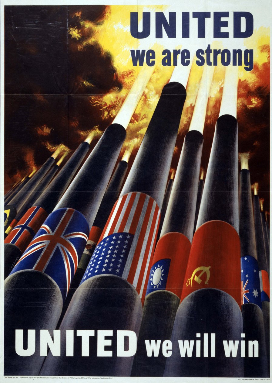 Spojeni jsme silní. UNITED we will win" Americký plakát z druhé světové války s děly, která vystřelují náboje k nebi. od Henry Koerner