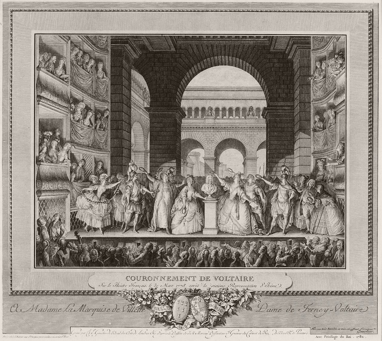 Korunovace Voltaira v Théatre Francais, 30. března 1778, po šestém představení Irene, 1782 (lept a rytina) od Henry Le Jeune