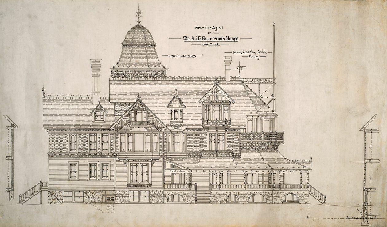 Dům pro pana S.W. Allerton, Ženevské jezero, Wisconsin: West Elevation od Henry Lord Gay
