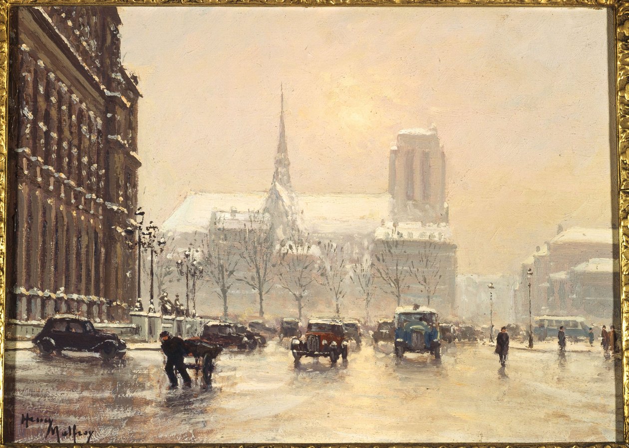 Notre-Dame za zasněženého dne z náměstí Place de l