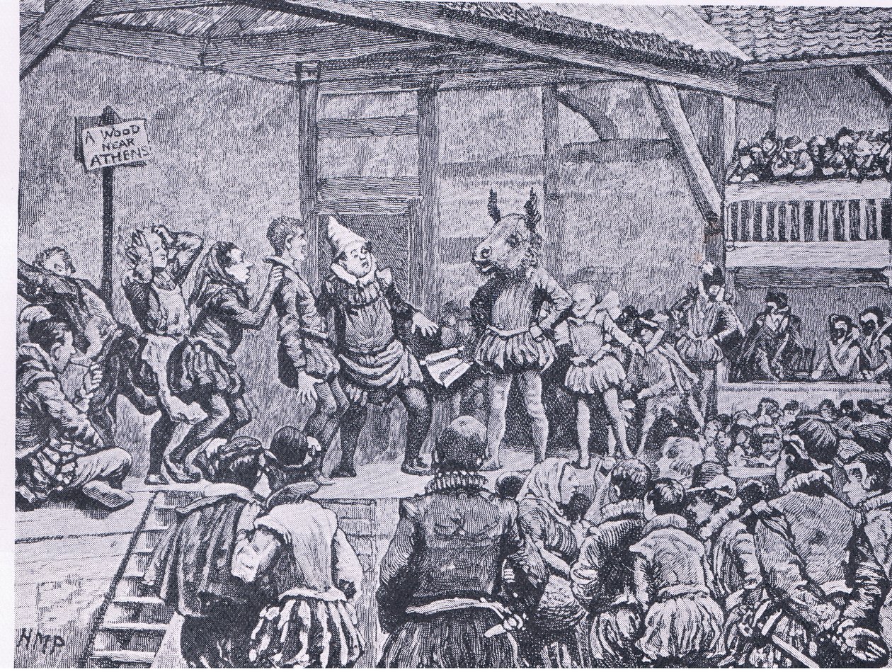 Sen noci svatojánské v provedení v alžbětinském divadle z Cassells History of the British People vydané Waverley Book Company, kolem 50. let od Henry Marriott Paget