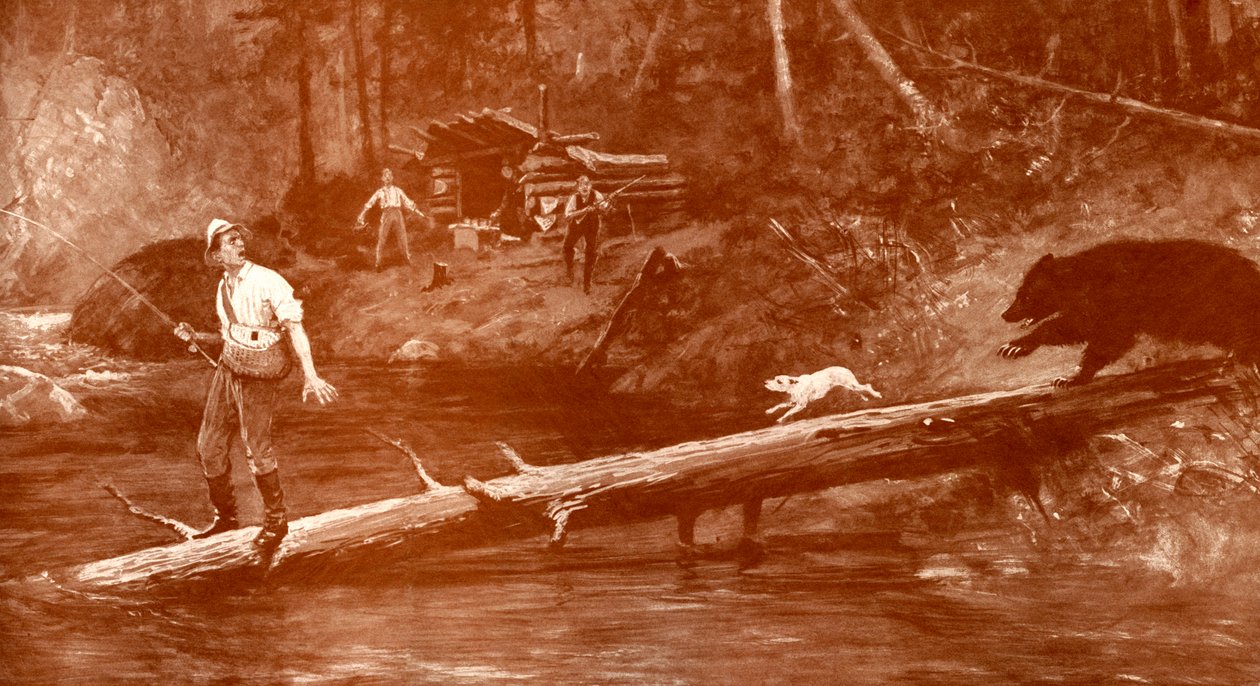 Medvěd se blíží k rybářům v lese od Henry Marriott Paget