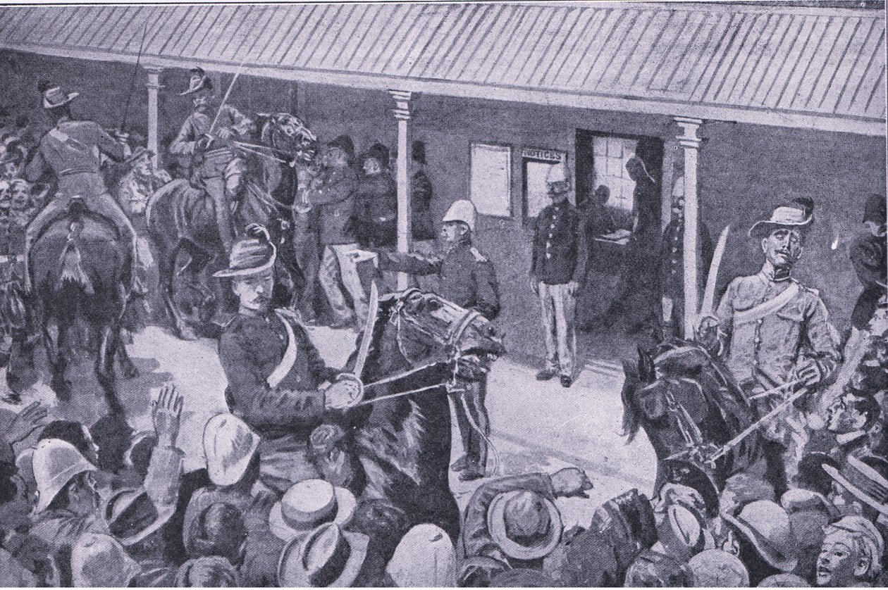 Koloniální posily pro Jižní Afriku: Nával žadatelů o zápis v Sydney, z After Pretoria: The Guerilla War vydané Harmsworth Brothers Limited, 1901 od Henry Marriott Paget