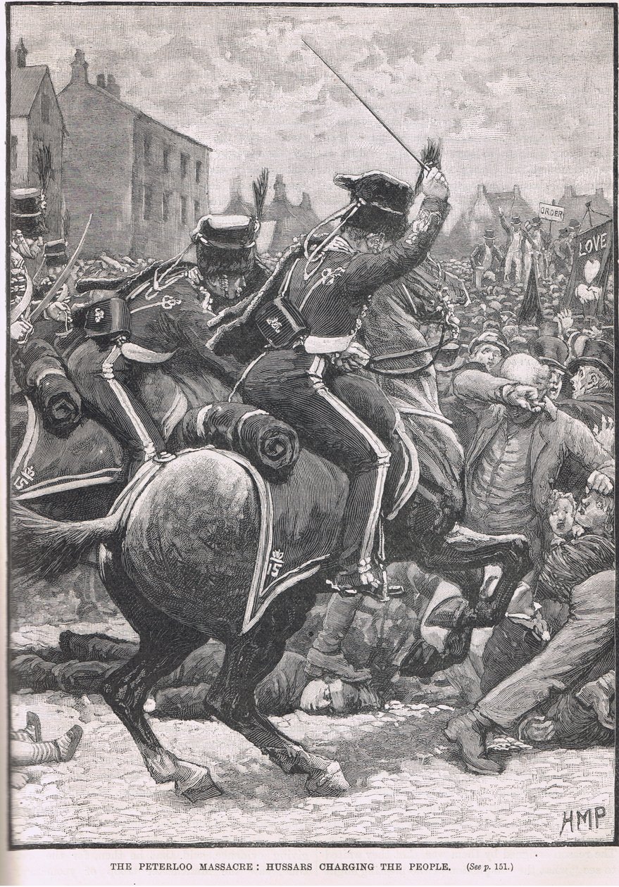 Masakr v Peterloo s husary útočícími na lid, ilustrace z Cassellových „Ilustrovaných dějin Anglie“, publikovaných kolem roku 1910 od Henry Marriott Paget